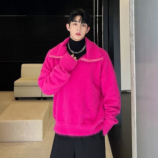 予約販売】ニット セーター 無地 モヘア プルオーバー ブラック ピンク