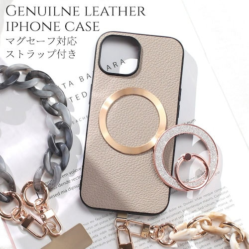 iphone ケース レザー リング付き iphone17 iphone16 iphone15 iphone14 MagSafe マグセーフ ショート ストラップ 本革 アイフォン 17 16 15 14 13 13mini magsafe対応 ゴートレザー 16e 16pro 15pro リング ストラップ付き スタンド マグネット 可愛い メタリック 送料無料