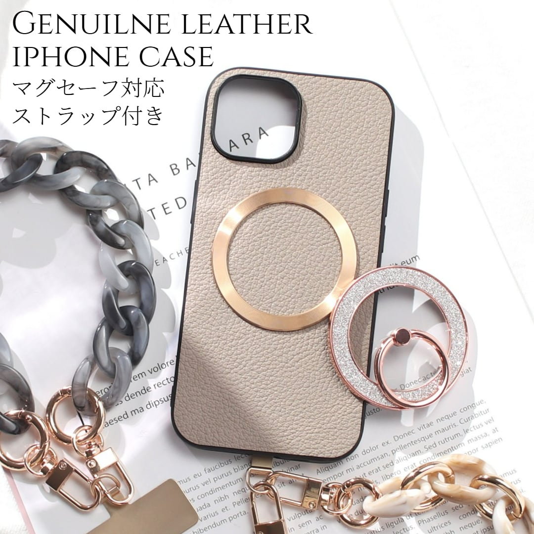 iphone ケース レザー リング付き iphone17 iphone16 iphone15 iphone14 MagSafe マグセーフ ショート ストラップ 本革 アイフォン 17 16 15 14 13 13mini magsafe対応 ゴートレザー 16e 16pro 15pro リング ストラップ付き スタンド マグネット 可愛い メタリック 送料無料