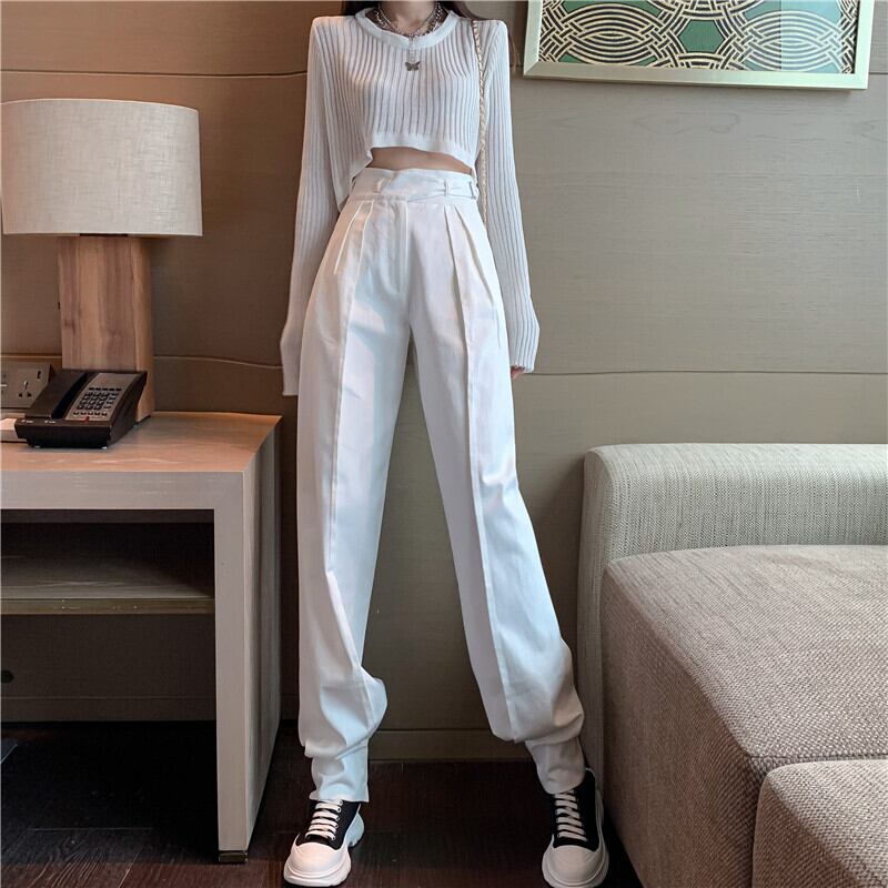 ウエストホワイトカジュアルスーツパンツ女性がゆるくモップで落ちるハーランワイドレッグパンツ足薄いドレープパンツ ブラックストロベリース12102981935