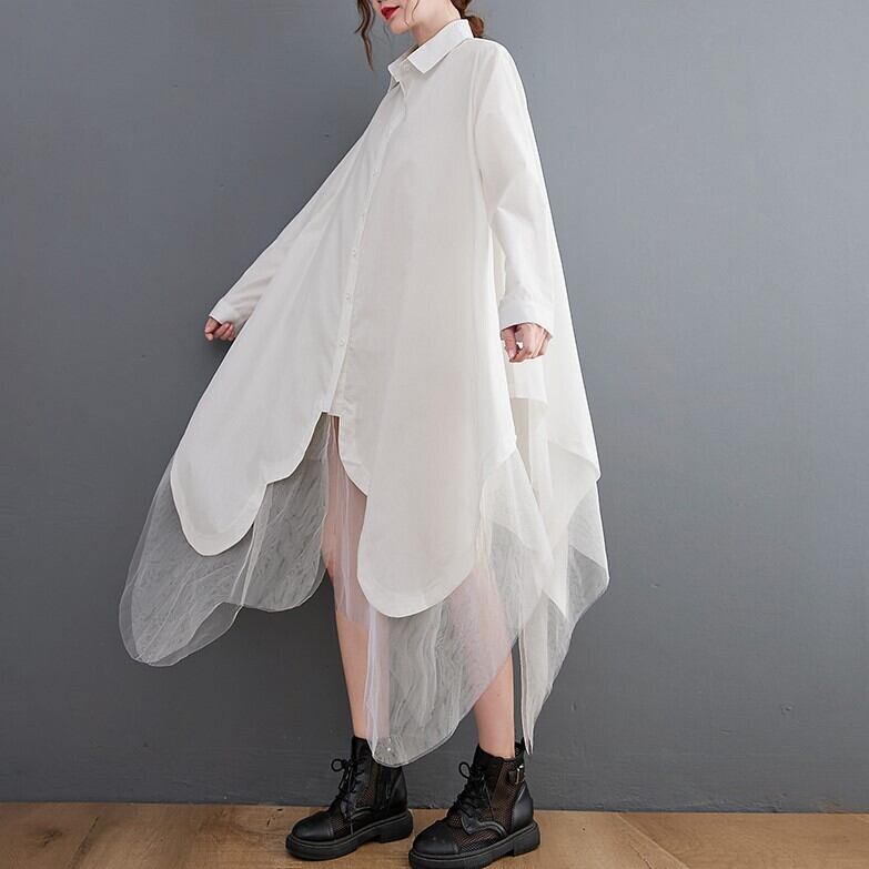 トップス レディース 2色 シャツワンピース ミモレ丈 長袖 ポロカラー フレア Aライン ドッキング ゆったり チュール フリル 透け感 シースルー ボタン とろみ感 かわいい 大人可愛い きれいめ シンプル カジュアル 上品 エレガント 清楚 おしゃれ 綺麗 フォーマル かっこいい クール モード系 おとな 無地 学生 通学 デート お出かけ 女子会 パーティー イベント 散歩 カフェ巡り 送料無料 ワンサイズ ホワイト ブラック 春 秋 10代 20代 30代 ママ 韓国系 着回し 体型カバー モテ