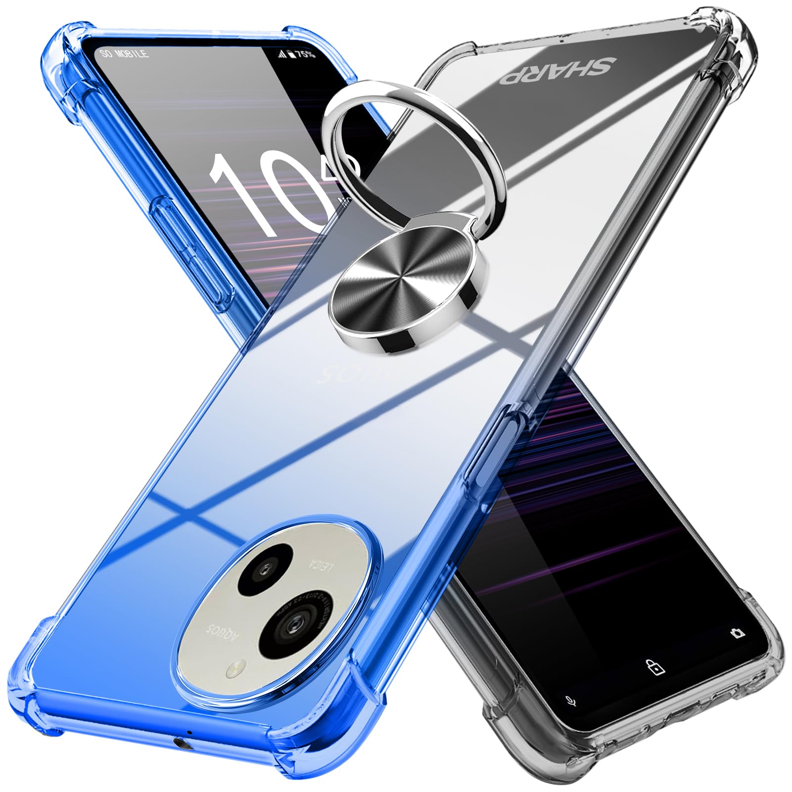 YDIHIHO 適合 AQUOS R9 用のケース リング付き クリア 耐衝撃 グラデーション色 ブルーブラック