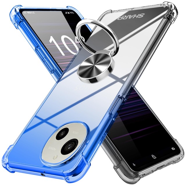 YDIHIHO 適合 AQUOS R9 用のケース リング付き クリア 耐衝撃 グラデーション色 ブルーブラック