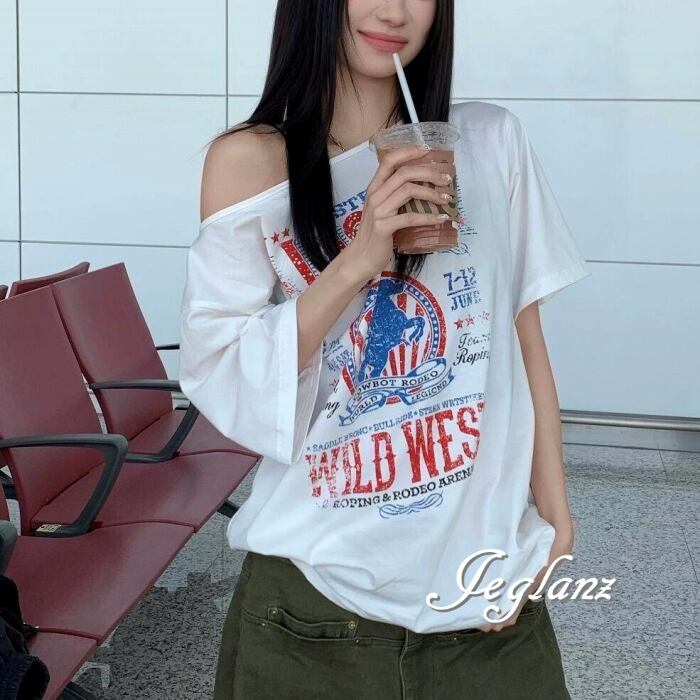 フェード ロゴ 半袖 Tシャツ オフショル ルーズ ユニセックス ♪(MC947)β