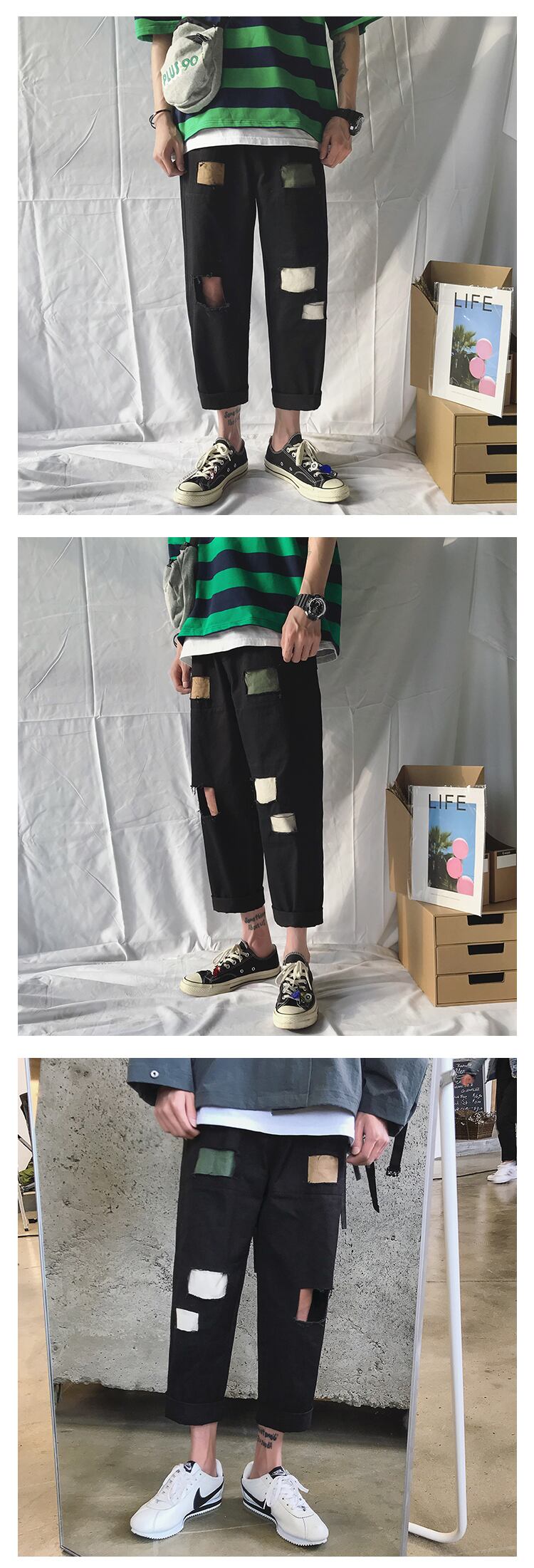 全2色 デニム パンツ ストレート カジュアル ダメージ おしゃれ