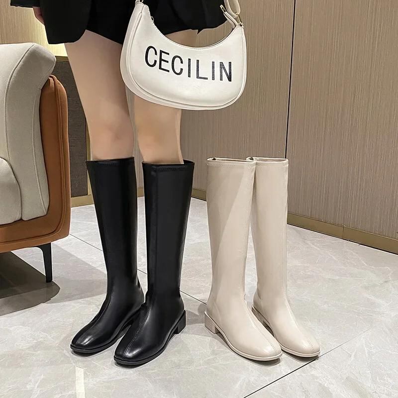 女性用の厚くて柔らかい合成皮革ブーツ,女性用の靴ひもなしの膝丈,人工皮革,冬と秋,2023