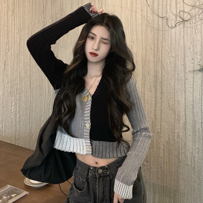 Vネックセーター オータムウィンタージャケット カーディガンスタンダードスタイルクロップドトップス ロング レトロ 秋物 冬物 YY-ファッション65701947571