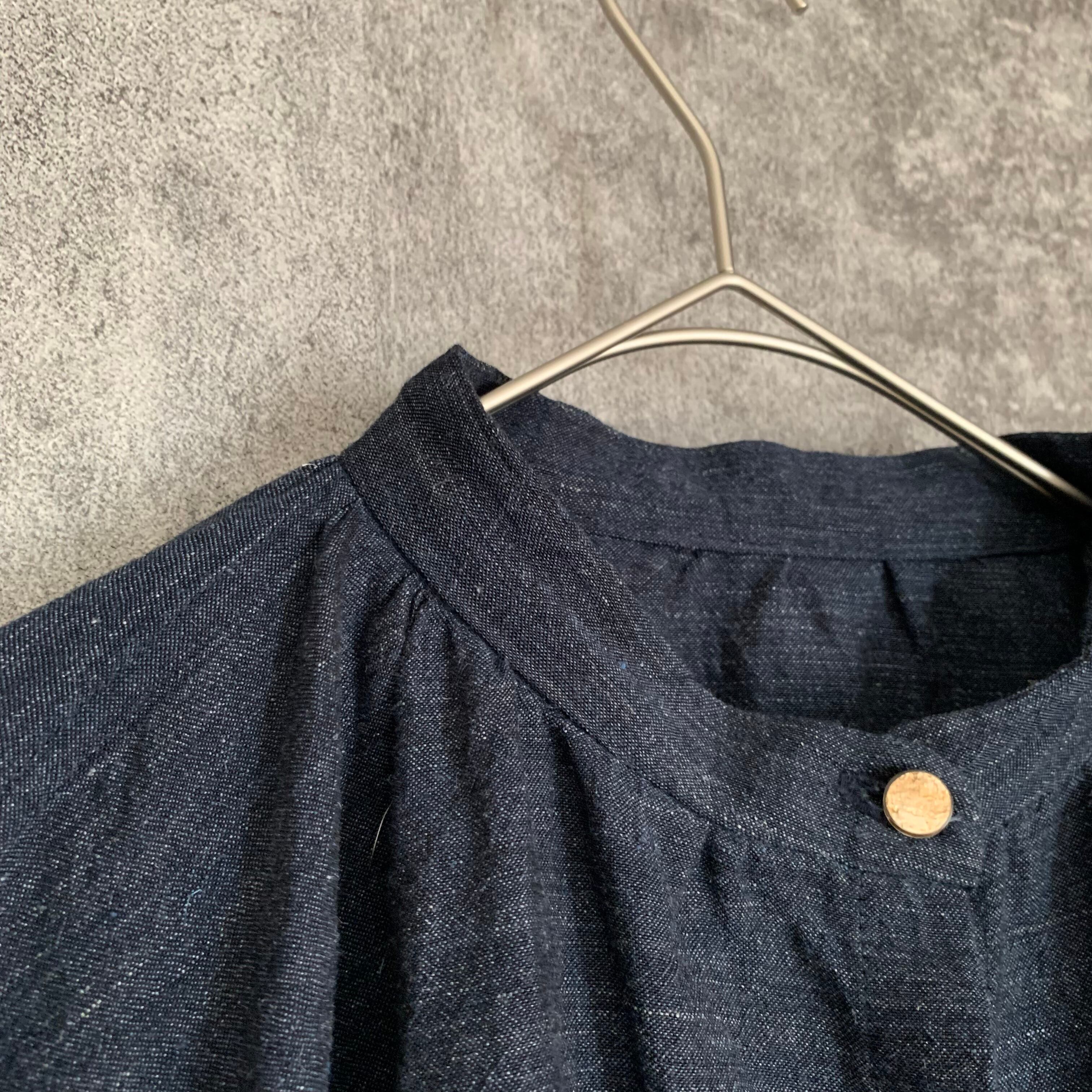 バンブーリネンブラウス 生成り/インディゴ Bamboo linen blouse | Kajiku