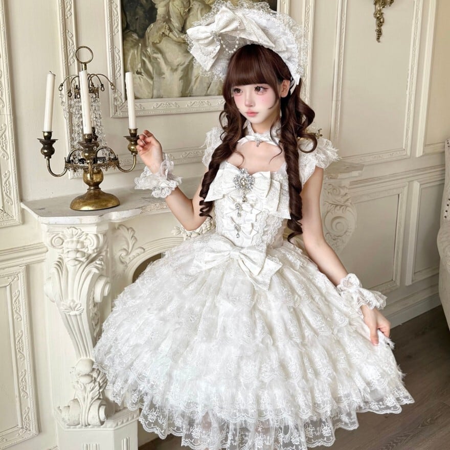 ロリータファッション 甘ロリ 白レースビッグリボン姫系ボンネット