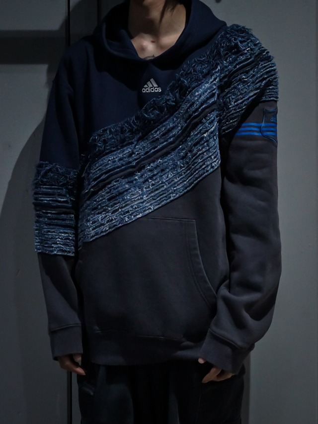 【add (C) vintage】"Original Remake" Navy × Gray Docking Slash Quilt  Design Loose Hoodie