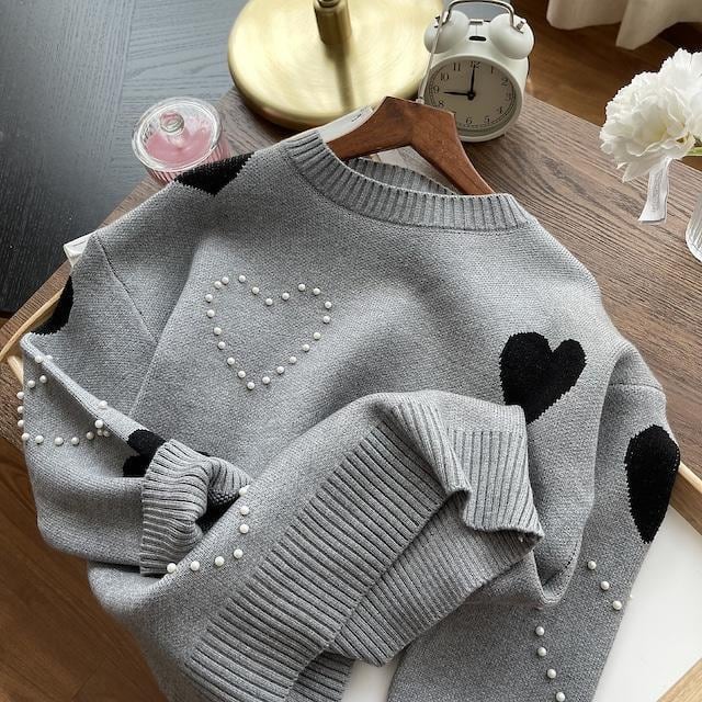 韓国デザイン♡優しい雰囲気　合わせやすいハート柄　パール付き　ニット　セーター