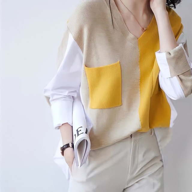 Bi-color v-neck knit docking shirt 659