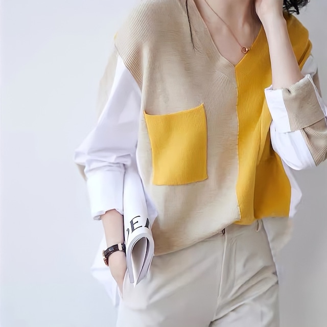 Bi-color v-neck knit docking shirt 659