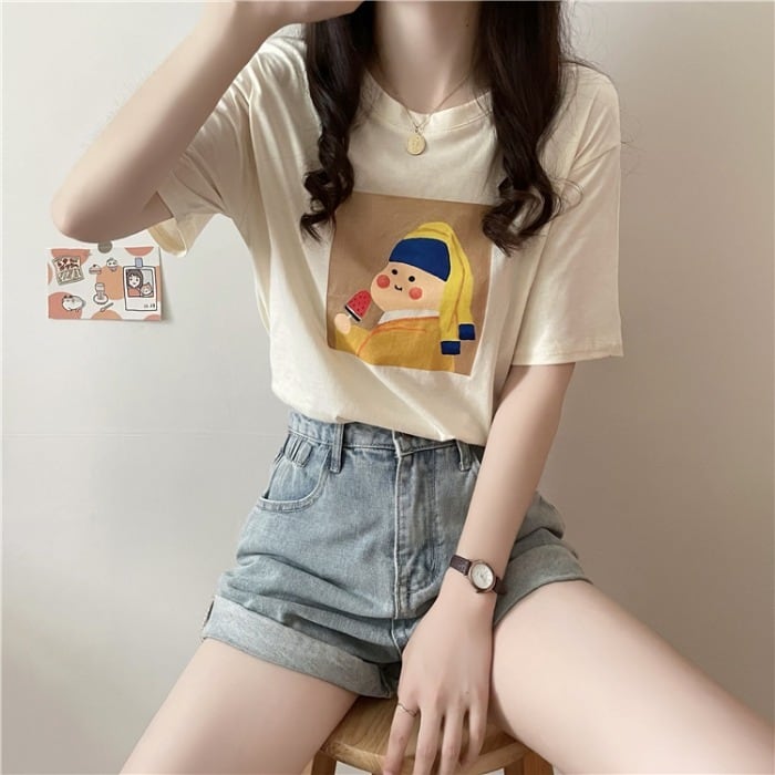 Tシャツ 薄手サマープリントラウンドネックルーズトップス 夏物 Oネック 1号婦人75836233211