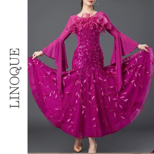 フリルリーフ柄ロングドレス 5color 【L00034】