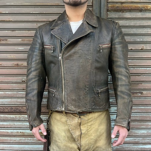 40s ドイツ ヴィンテージ ダブルライダース レザー ジャケット 茶芯 L ブラック モーターサイクルジャケット ユーロ ドイツ軍 バイクウェア