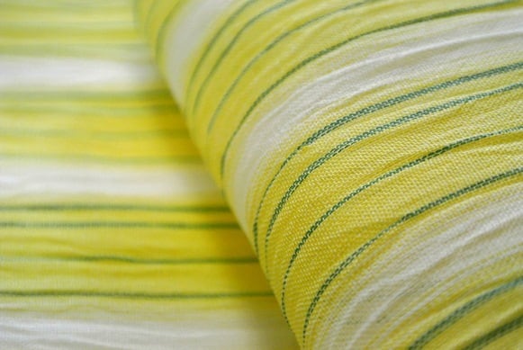 小千谷ちぢみ 【麻 着物】 本場 小千谷縮 黄色ぼかし緑縞 【反物