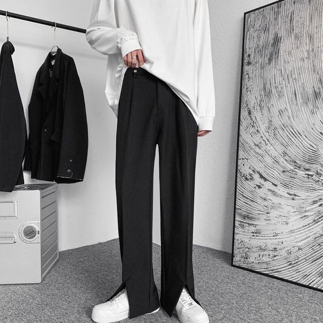 【予約販売】ストレートパンツ スリット入り メンズ ボトムス シンプル カジュアル ブラック 黒 スタイリッシュ こなれ感 韓国 トレンド 春 夏 秋 冬 S/M/L/XL/2XL/3XL