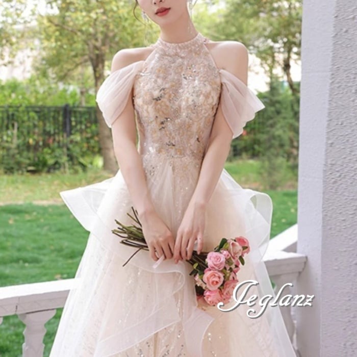 華やか パーティ イブニングドレス ボリュームチュール レイヤード 光沢感(M7385)ζ