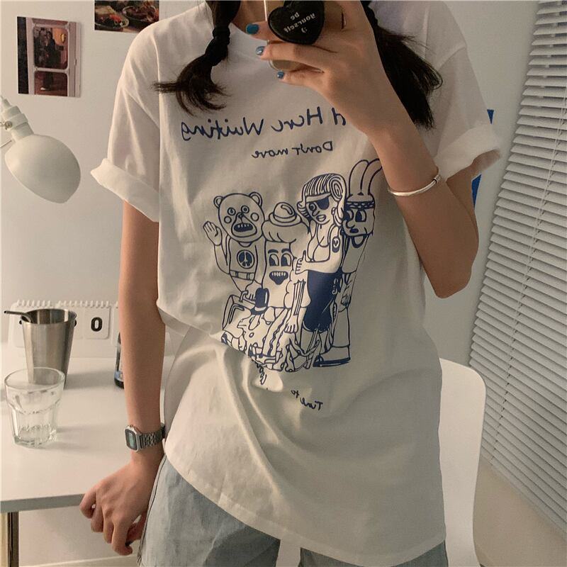 レディース トップス 夏 ｔシャツ 半袖 ラウンドネック ロング丈 キャラクター プリント ロゴ シャツ シンプル カジュアル おしゃれ 大人可愛い お出かけ デート 通勤 通学 学生 キャンパス 旅行 普段着 ホワイト Hf Haru Meets Foo