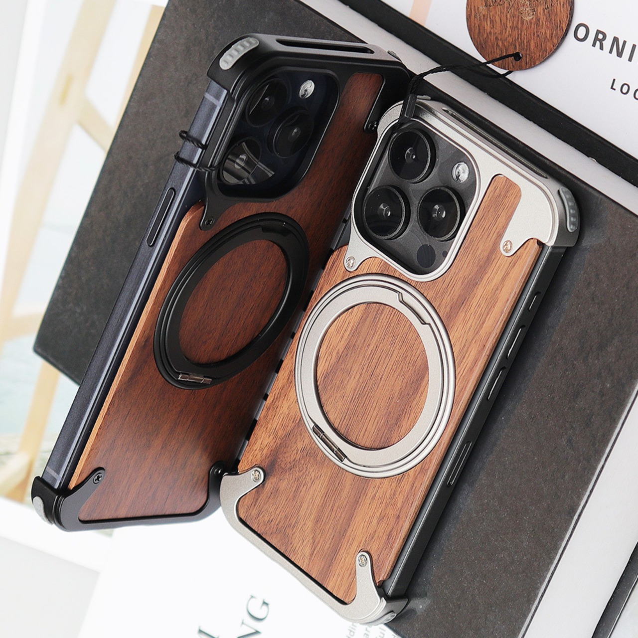 ◆iPhone 16/15/14/Pro/Pro Max◆ Walnut Wood × Metal Magnetic Phone Case / ウォルナット×メタル マグネット スマホケース