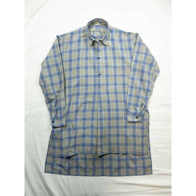 【1950-60s】"French Vintage" Blue×Green Check Grandpa Shirt