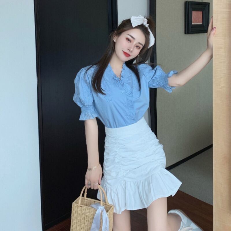 サマーシャツ ハイウェストウェストプリーツスカート 夏物 ハンチェンe74254095294