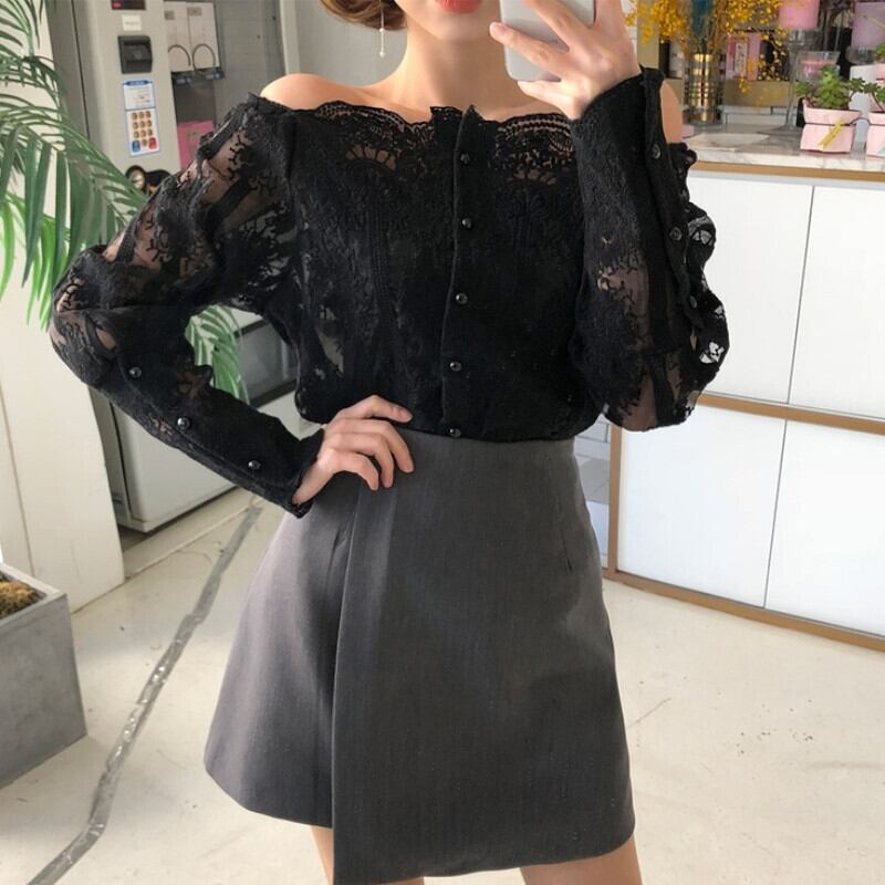 トップス ブラウス 長袖 スクエアネック オフショルダー レース 刺繍