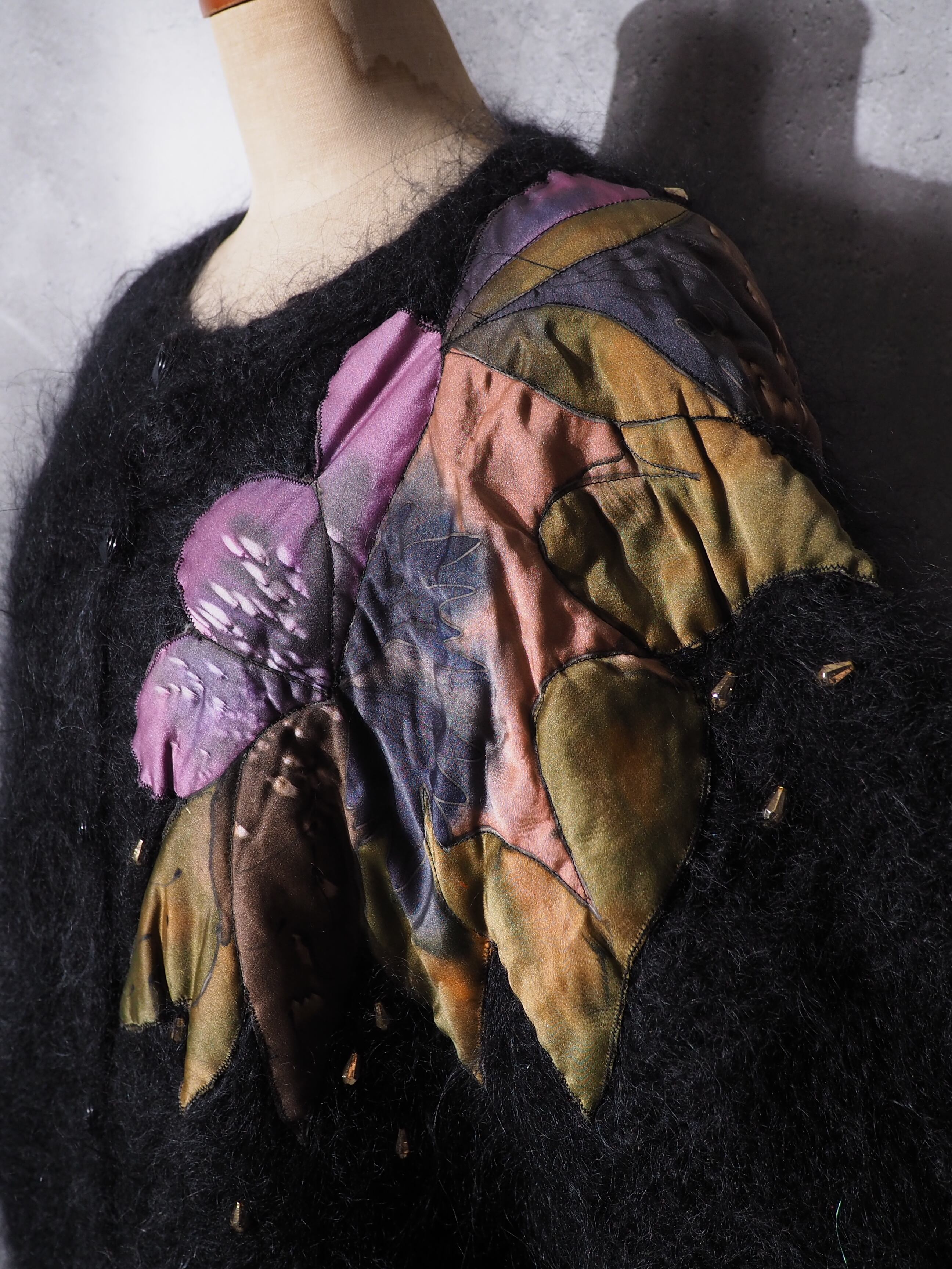Black bewitching flower embroidery vintage mohair wool cardigan