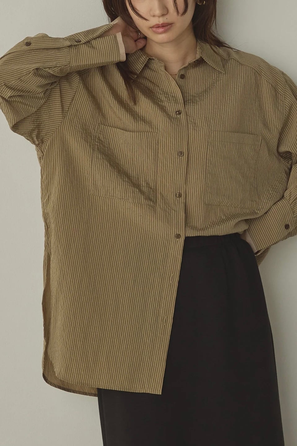 Stripe over shirt ストライプオーバーシャツ Beige