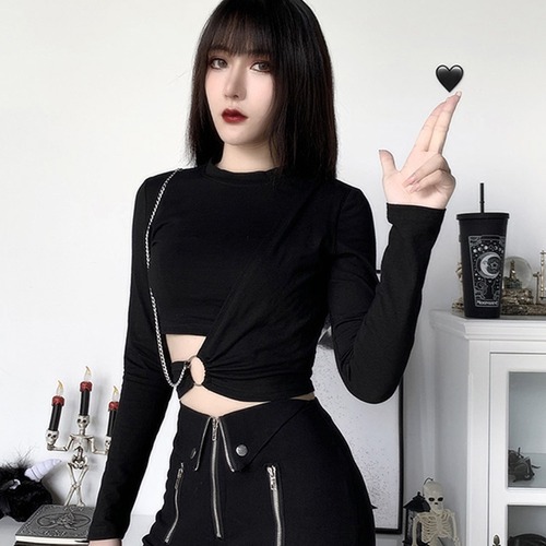 ✞✝✞ ブラックTシャツ ハイウェストスリムトップス ショート ロング ステッチ ✞✝✞ ゴスロリ SM ミリ 甘ロリ クラロリ 和ロリ エレガント 黒ロリ 姫ロリ 華ロリ AA-AA75692707348