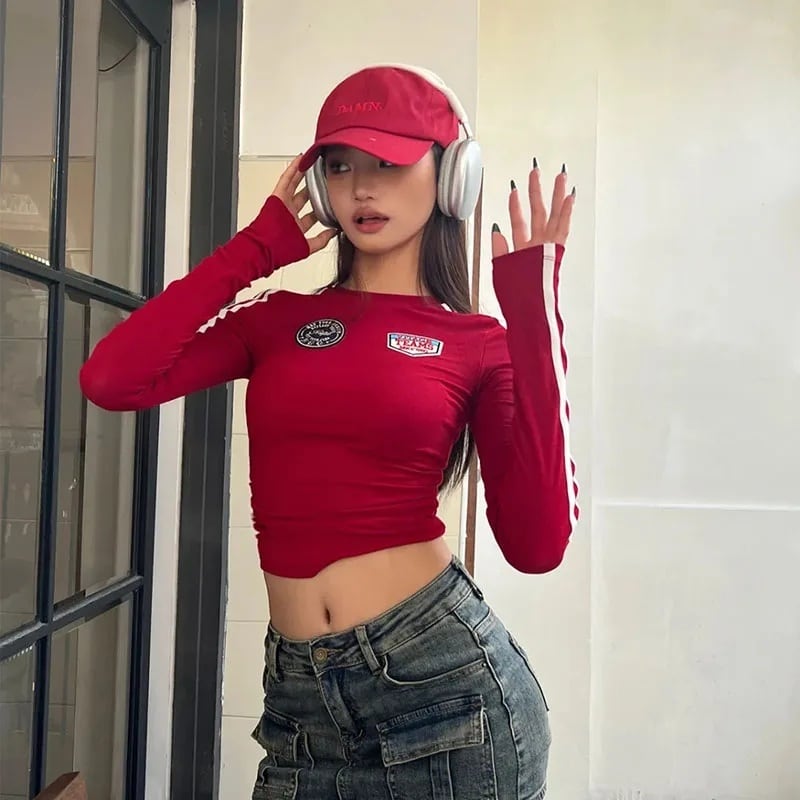 ワッペン ライン ロンT 長袖 Tシャツ 赤 韓国 ストリート Y2K ダンス
