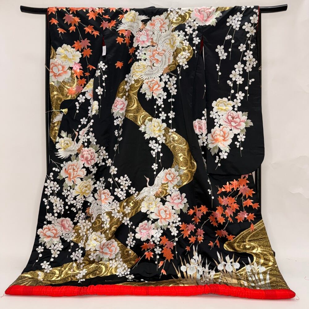 色打掛 正絹 刺繍 黒 打掛 花嫁衣裳 ポリエステル リサイクル 中古 ブライダル ウエディング 6674