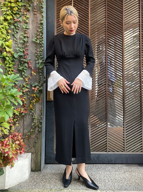 【24SS】Mame Kurogouchi マメクロゴウチ / Back Satin Crepe Georgette Embroidered Cuffs I-Line Dress