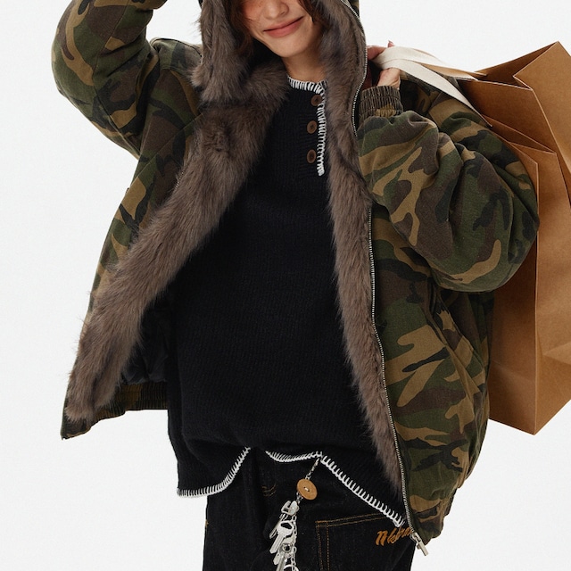 hooded camouflage fur jacket　フード付き迷彩ファージャケット　J1555