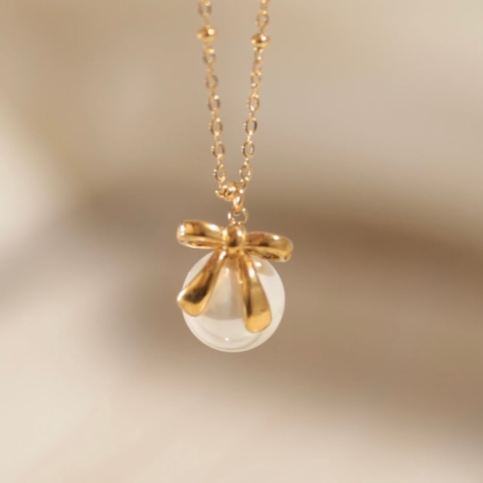 316L pearl&ribbon necklace #n43 | apire