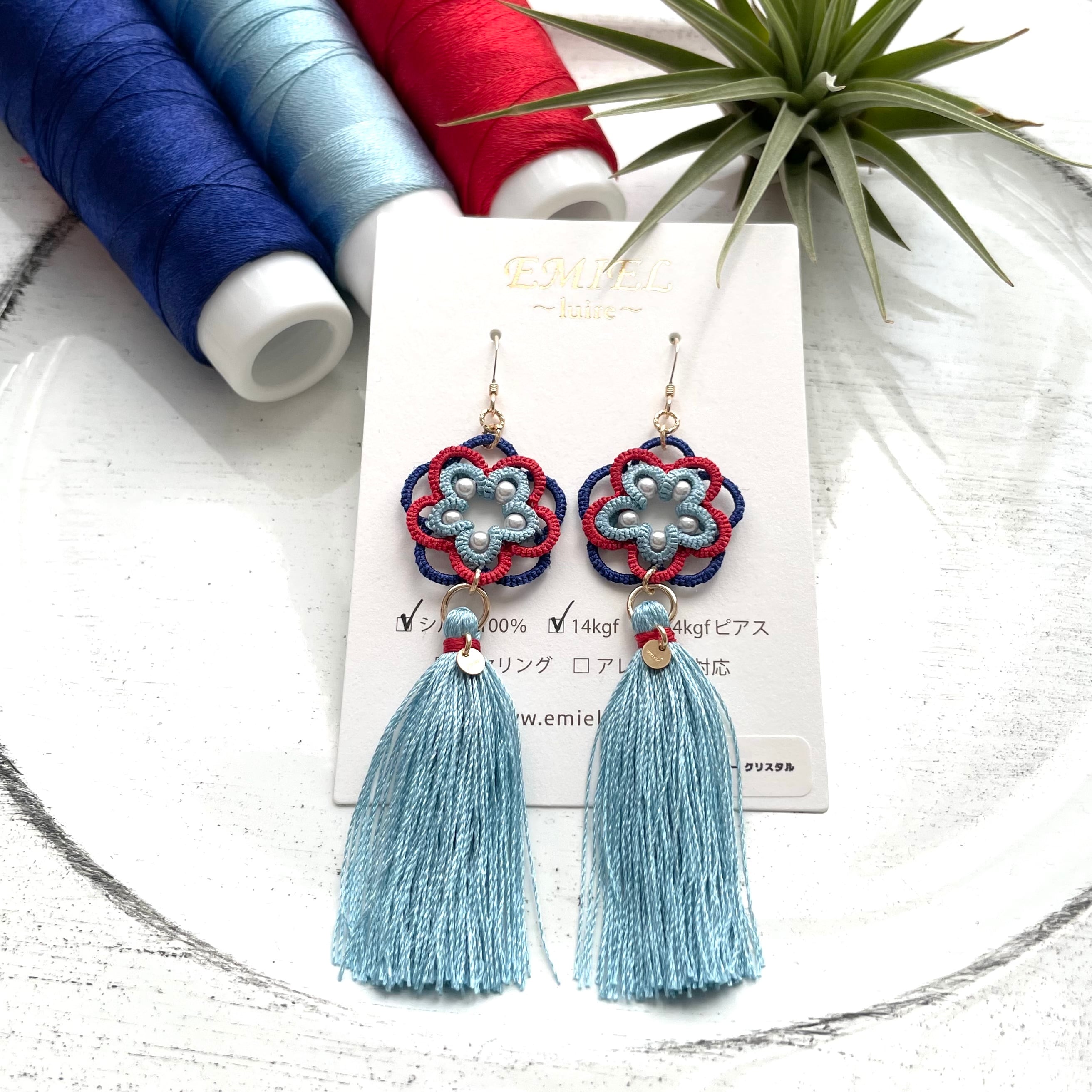 Kibou〜luire〜シルク糸＊天青・蘇芳・瑠璃紺色レースのタッセルピアス