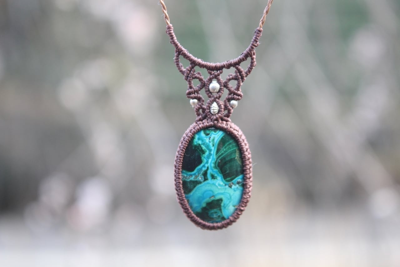 Chrysocolla malachite  micro macrame necklace