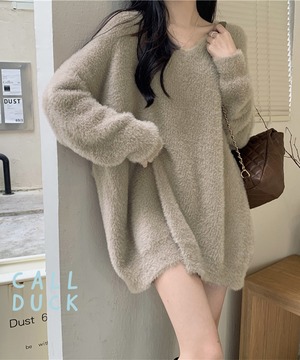 ニットワンピース L 長袖 レディース 送料無料 ミニ丈 ショート 無地 カジュアル シャギー ゆったり 123976