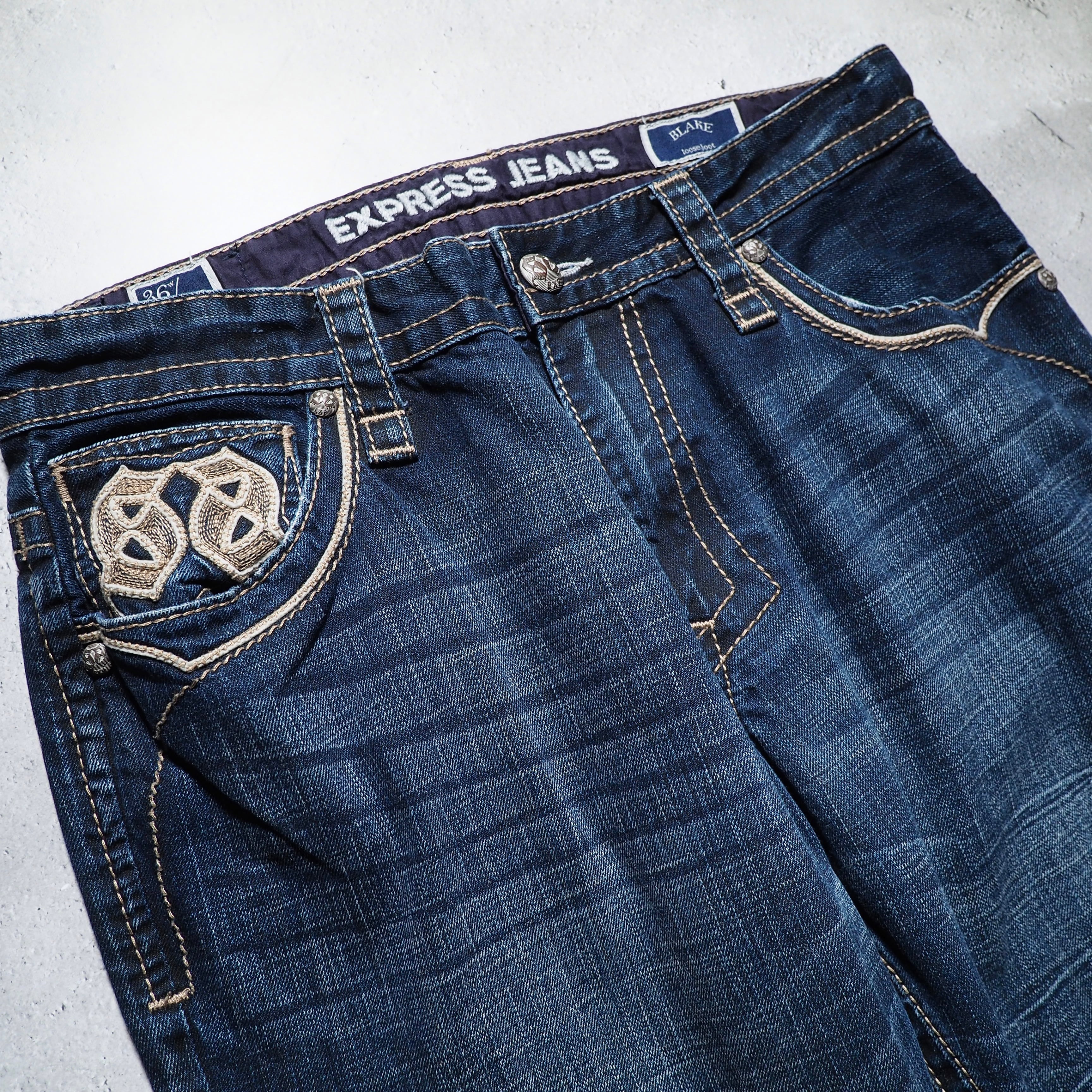 ” Express Jeans ” Street culture Big logo Embossed vintage Indigo Denim pants
