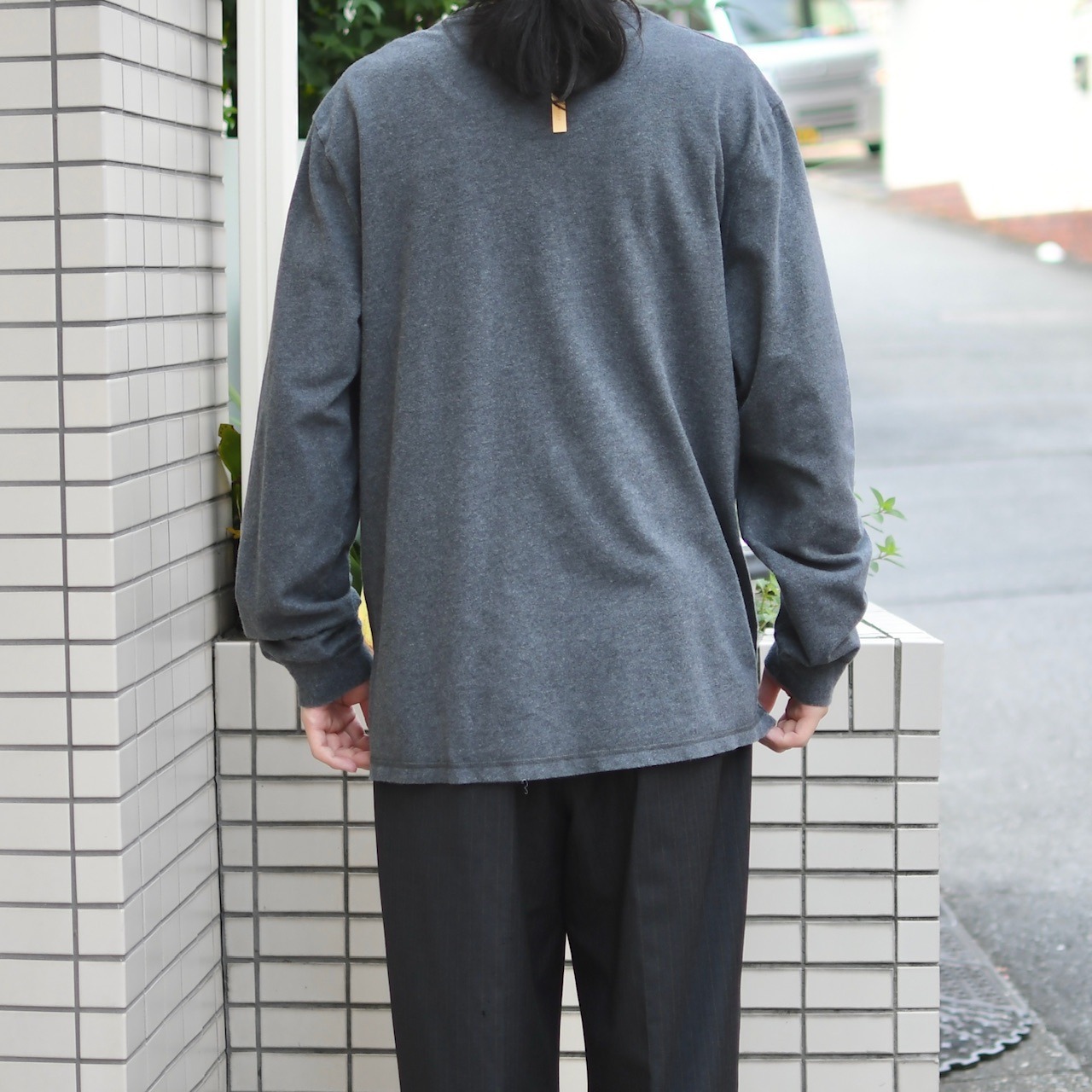 henry neck long sleeve tee charcoal gray