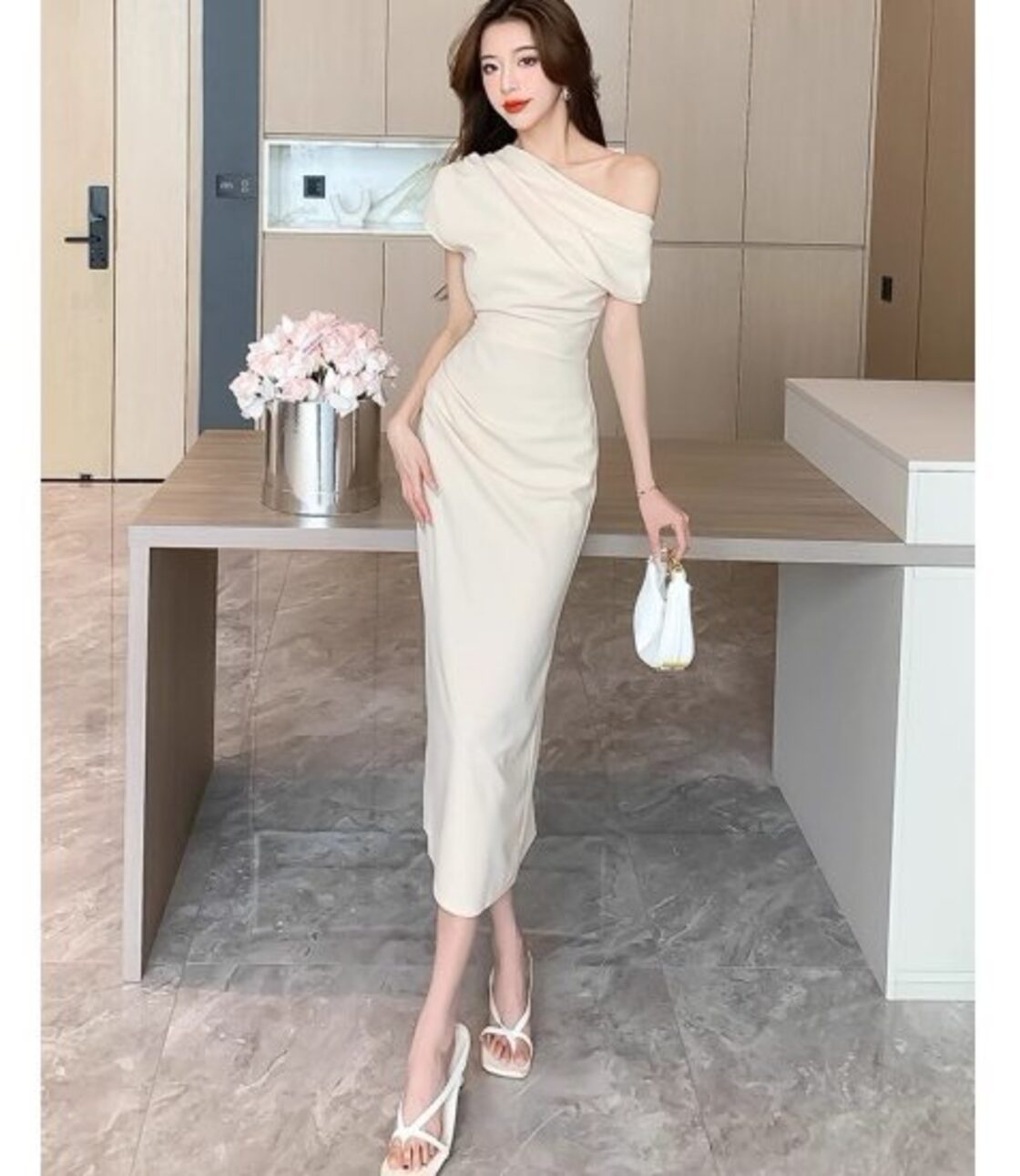 結婚式ドレス レディース オフショルダー ワンショルダー タイト 