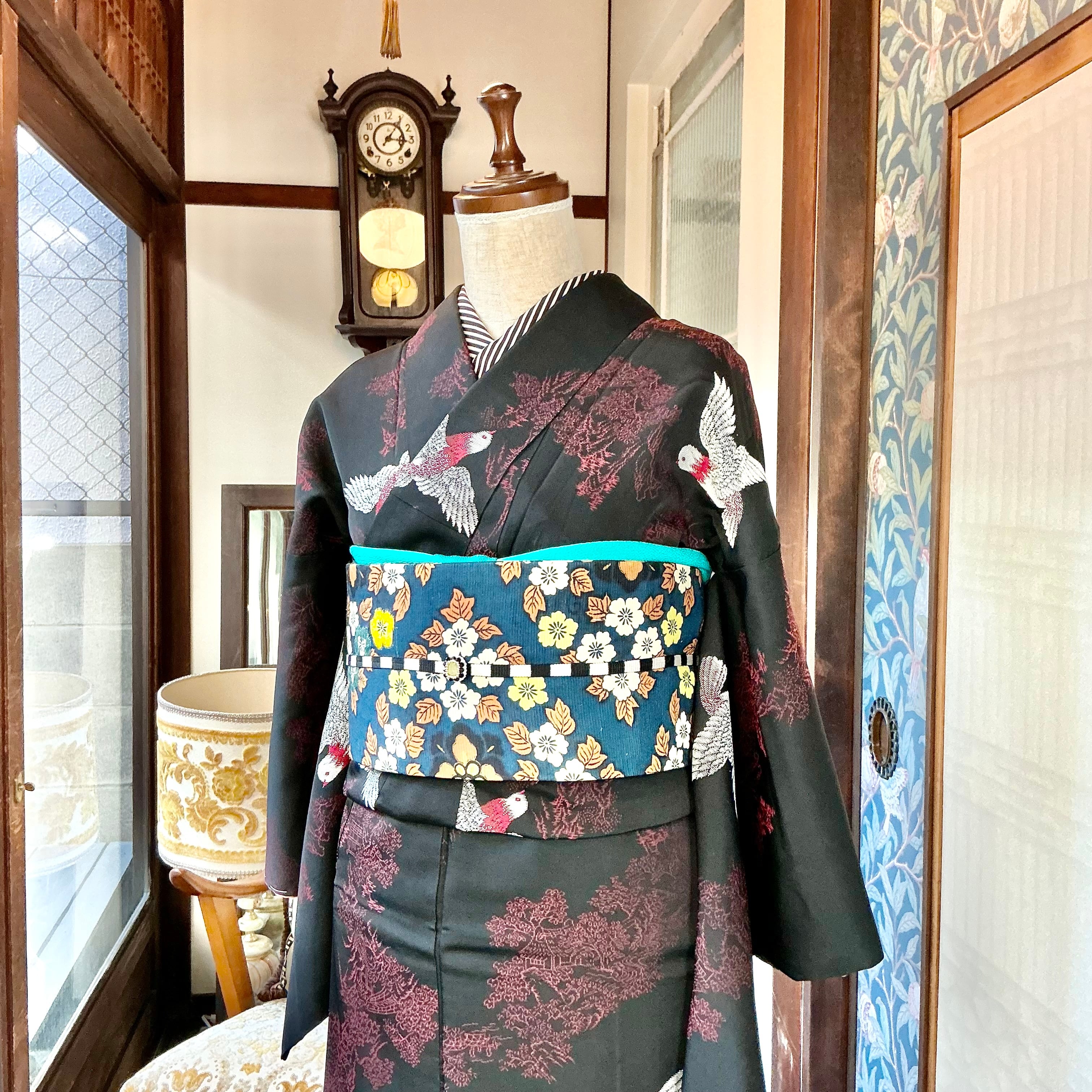 アンティーク　キモノ◇　羽織　長サイズ　ブルー　華模様　時代物　身丈98　裄60.5　リサイクル　中古品　 アンティーク着物 長羽織 蔦の葉 - からん::アンティーク着物