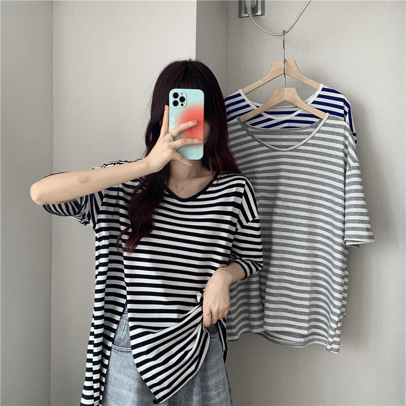 ストライプTシャツ サマールーズ薄手ロングトップス 夏物 クレセントシティ13133996278