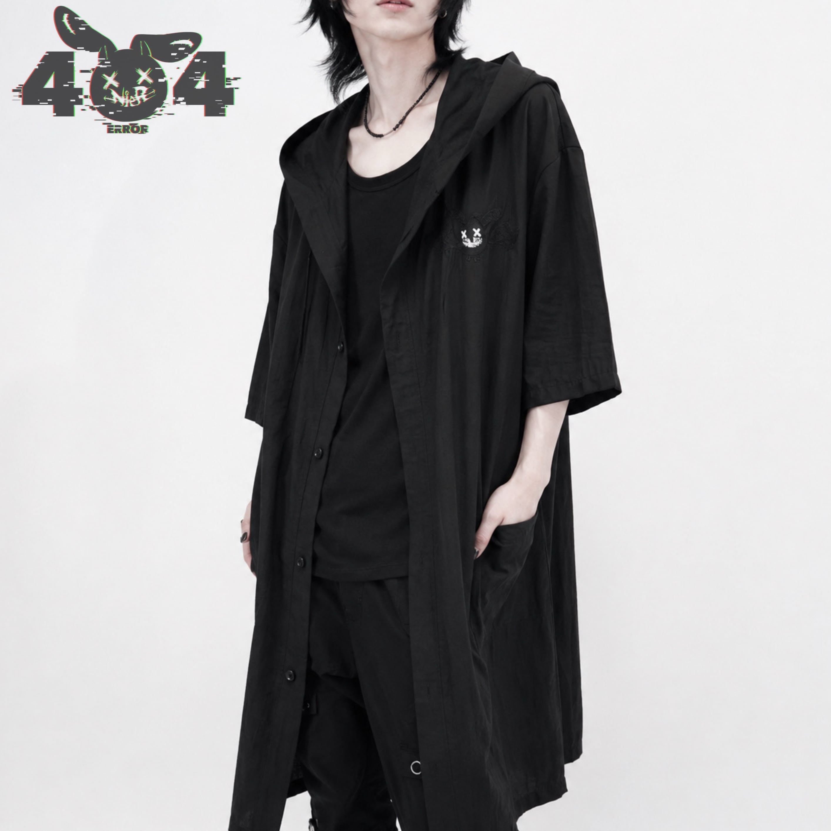 お値下げしました。クールカレアン　フード付き黒ジップアップコート 週末☀︎SUMMER☀︎OUTER SALE》WASHER HALF SLEEVE HOOD LONG SHIRT