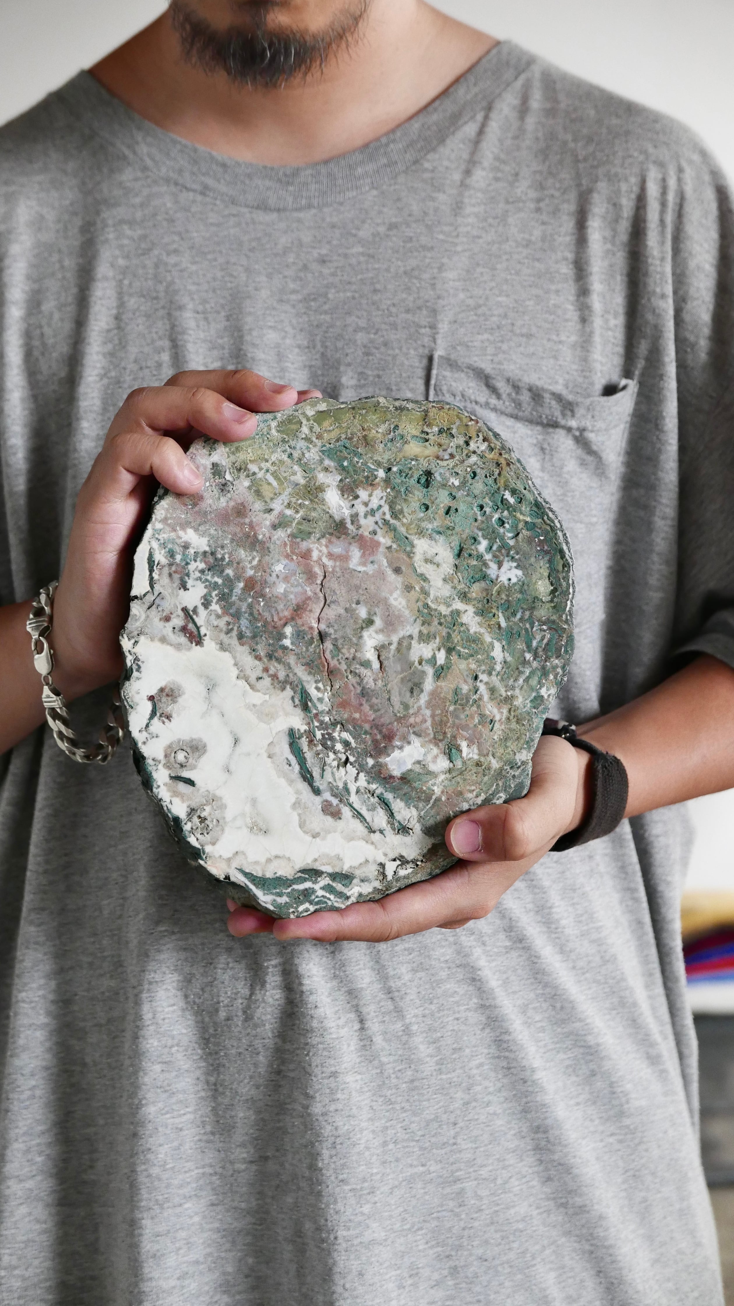 petrified wood plate , palewhite × light green , like an abstract painting