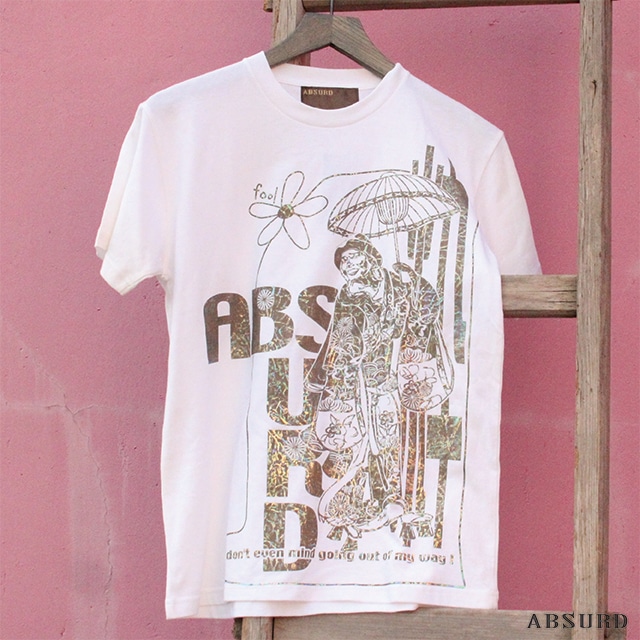 【数量限定!】 ABSURD クルーネックＴシャツ メンズ レディース M キラキラ レインボー 白 WHITE 着物 風流 プリントＴシャツ アブサード FOOL（W）