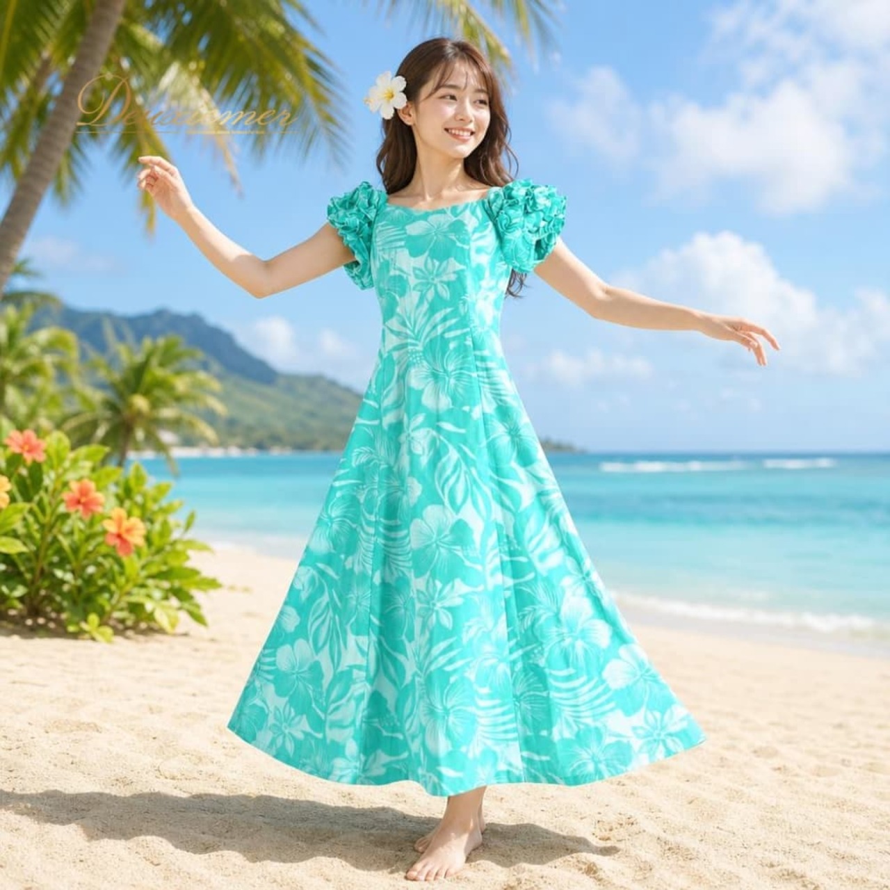 フラダンス 衣装 MermaidLine MMJ マーメイドライン エムエムジェイ ワンピース ドレス グリーン系 ハイビスカス柄 モンステラ柄 プルメリア柄 花柄 植物柄 ハワイアンプリント ハワアイン アロハ フラ ダンス レッスン 練習 ブルー系 ホワイト系 フリル袖 フレアスカート 華やか 鮮やか かわいい おしゃれ さわやか