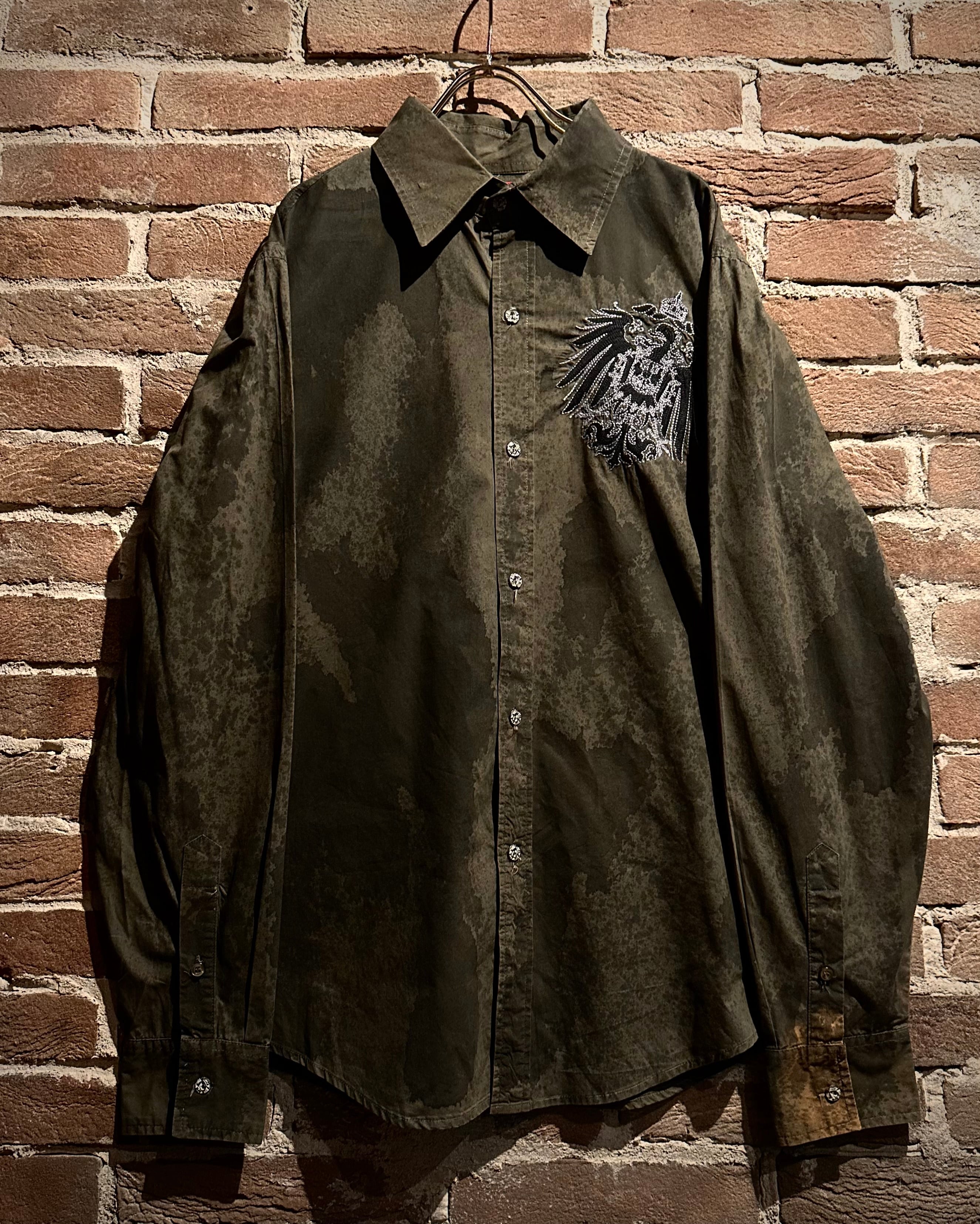 Caka act3】Phoenix Embroidery Design Vintage Tie-Dye L/S Shirt