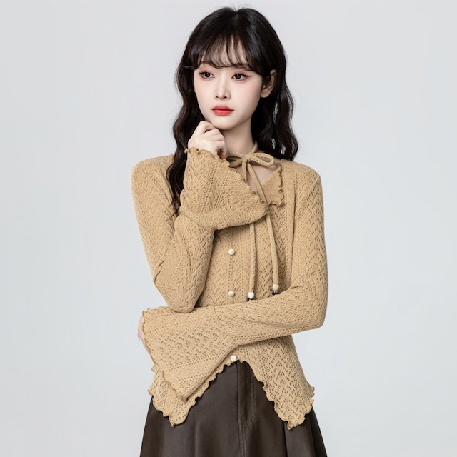 トップス ニット インナー 長袖 ウエストイン スピーカースリーブ ライトブラウン S M L